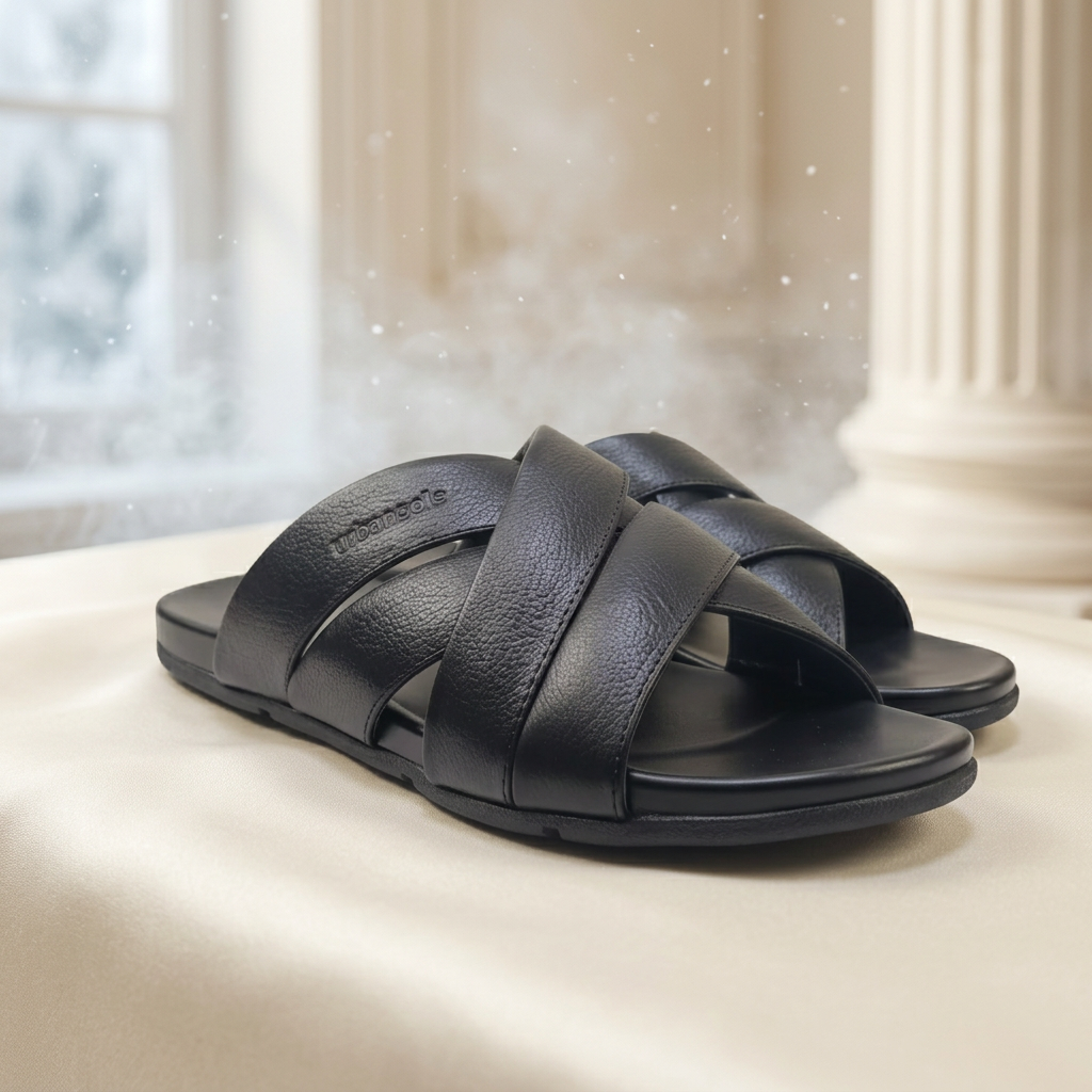 Black sandal with criss-cross straps on a light gray background