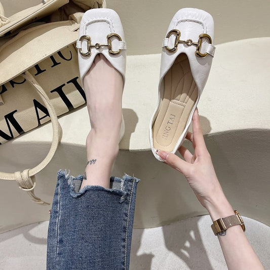 Horsebit Thick Heel Shoes Female Spring And Autumn New French Small Leather Shoes Retro Grandma Shoes Square Toe Shoes