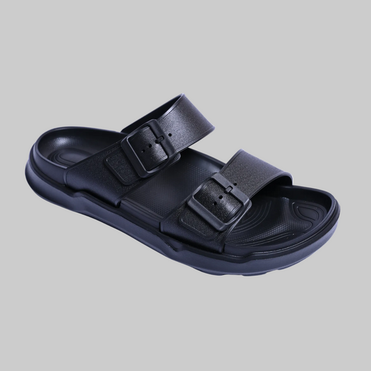 Black sandal with two straps on a white background, featuring the PCNN RICE logo.