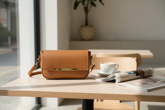 Brown handbag with a gold accent on a white background