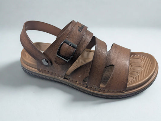 Brown sandal with multiple straps on a light gray background