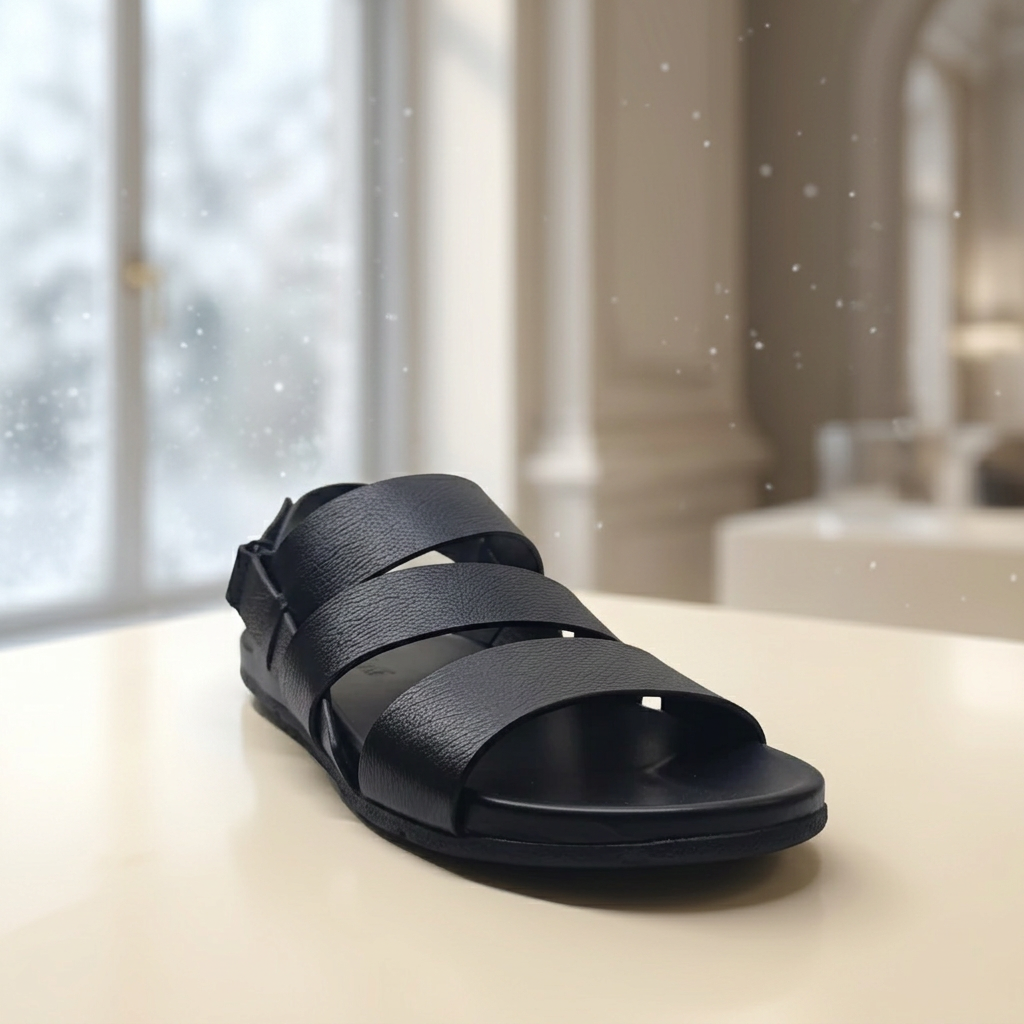 Black sandal with multiple straps on a light background