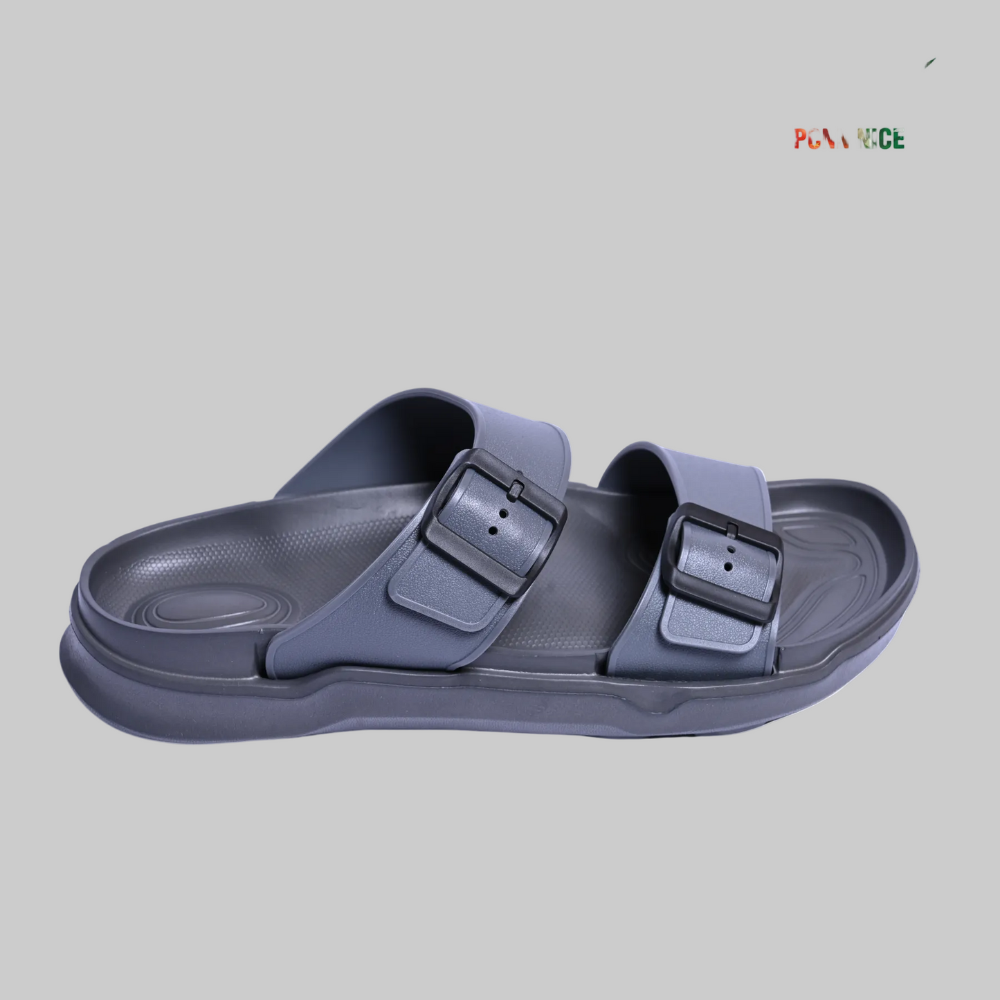 Gray sandal with buckle straps on a white background, featuring the PCNN RICE logo.