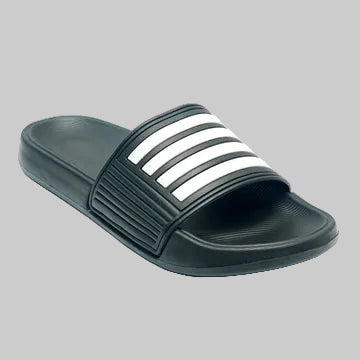 Black slide sandal with white stripes on a white background