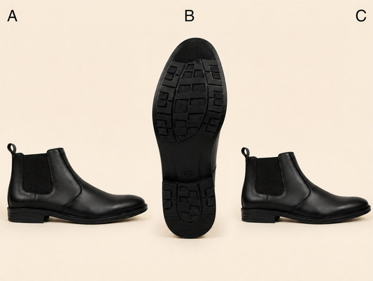 Three views of a black leather Chelsea boot on a light beige background: side profile labeled A on the left, sole view labeled B in the center, and side profile labeled C on the right.