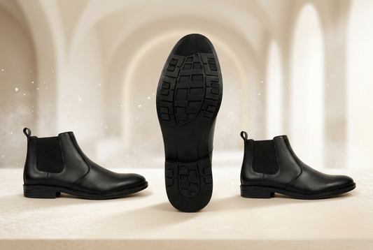 Three views of a black leather Chelsea boot on a light beige background: side profile labeled A on the left, sole view labeled B in the center, and side profile labeled C on the right.