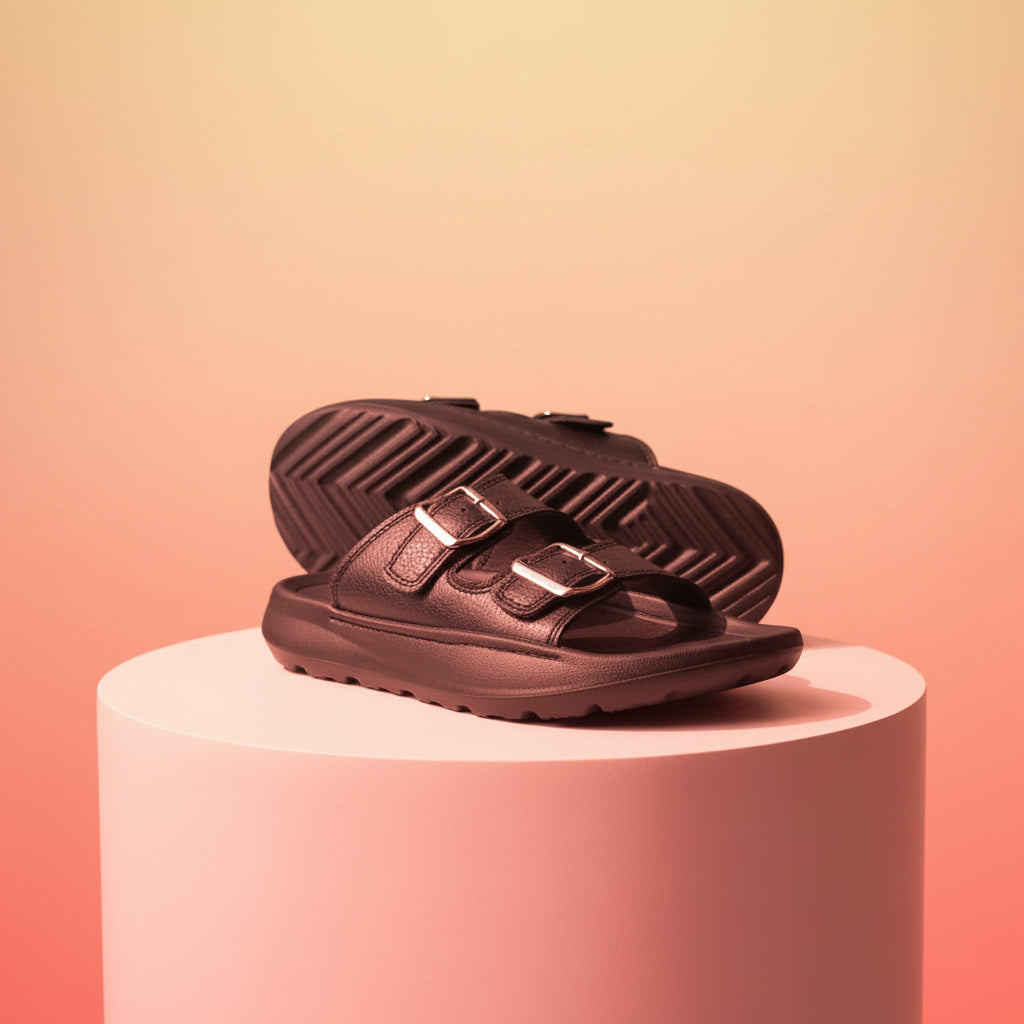 Black sandals with velcro straps on a white background