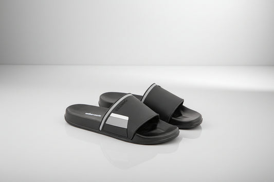 Black slides with a brand logo on a white background