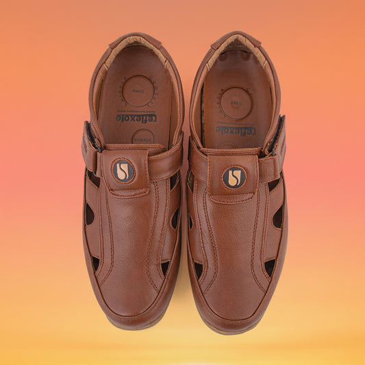 Pair of brown slip-on shoes with a visible brand logo on a white background