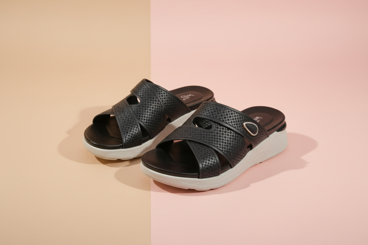 Black sandals with white soles on a tiled floor