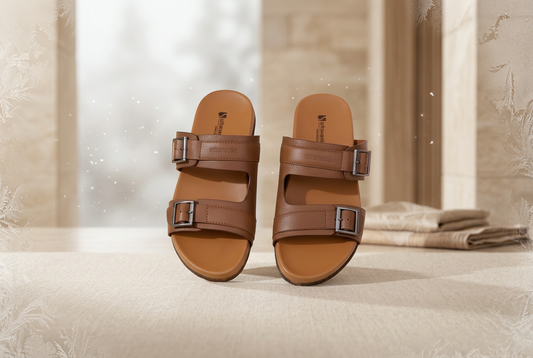 Pair of brown sandals with buckles on a white background
