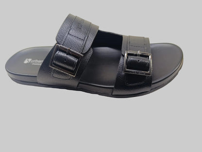 Black Slipper with two straps on a light background