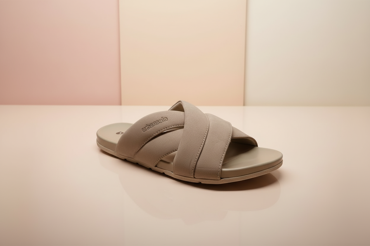 Brown sandal with 'Padders' branding on a light pink background