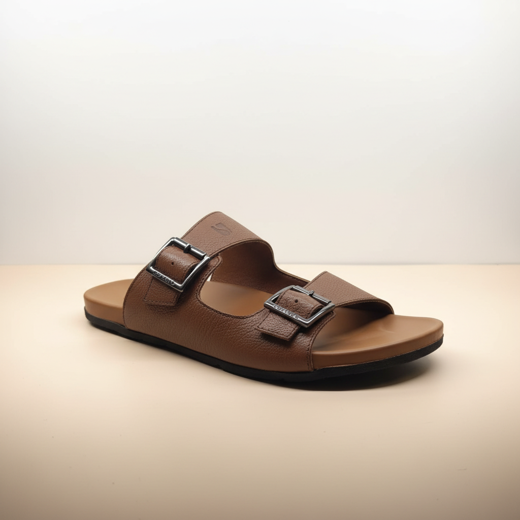 Brown sandal with black buckles on a white surface