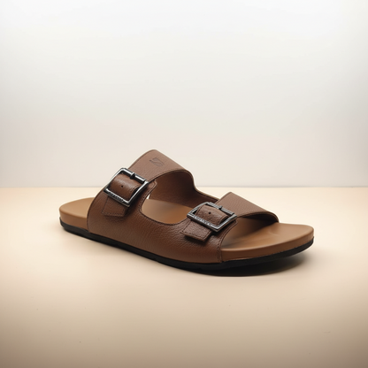 Brown sandal with black buckles on a white surface