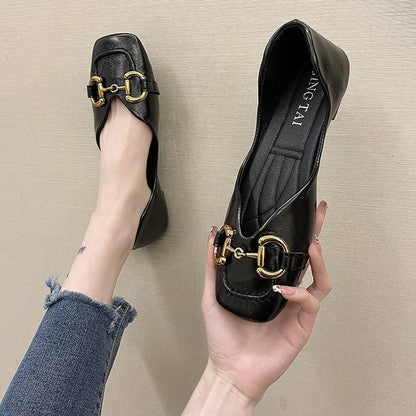 Horsebit Thick Heel Shoes Female Spring And Autumn New French Small Leather Shoes Retro Grandma Shoes Square Toe Shoes