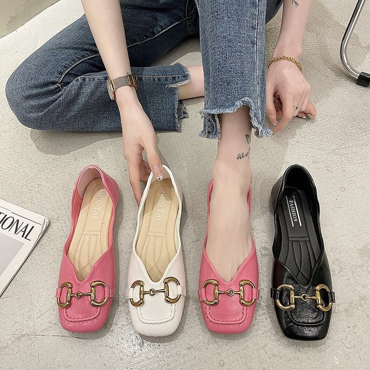 Horsebit Thick Heel Shoes Female Spring And Autumn New French Small Leather Shoes Retro Grandma Shoes Square Toe Shoes