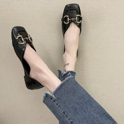 Horsebit Thick Heel Shoes Female Spring And Autumn New French Small Leather Shoes Retro Grandma Shoes Square Toe Shoes