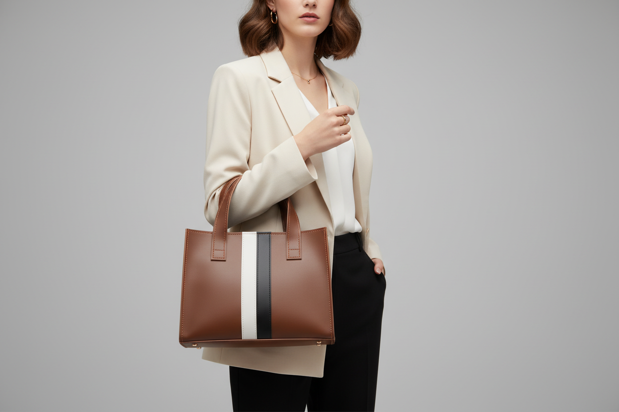 Brown handbag with a white and black stripe on a light gray background