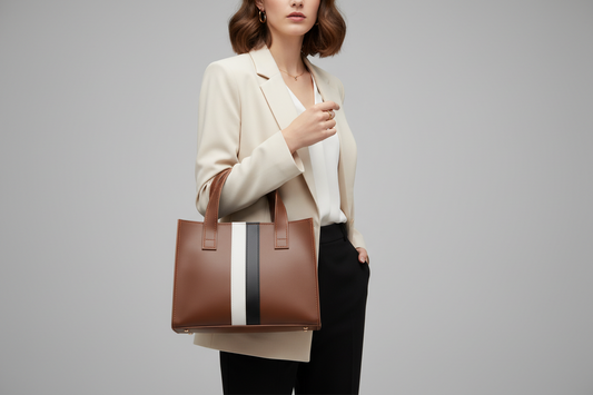 Brown handbag with a white and black stripe on a light gray background