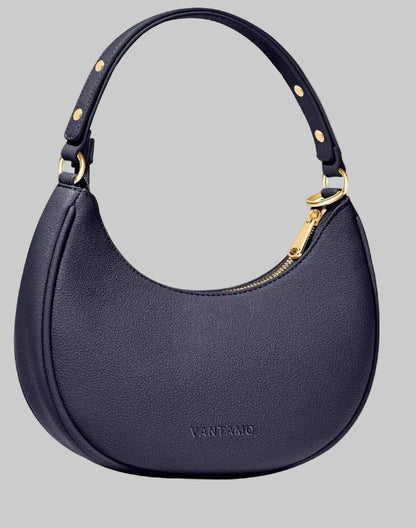 Navy handbag with gold accents on a white background
