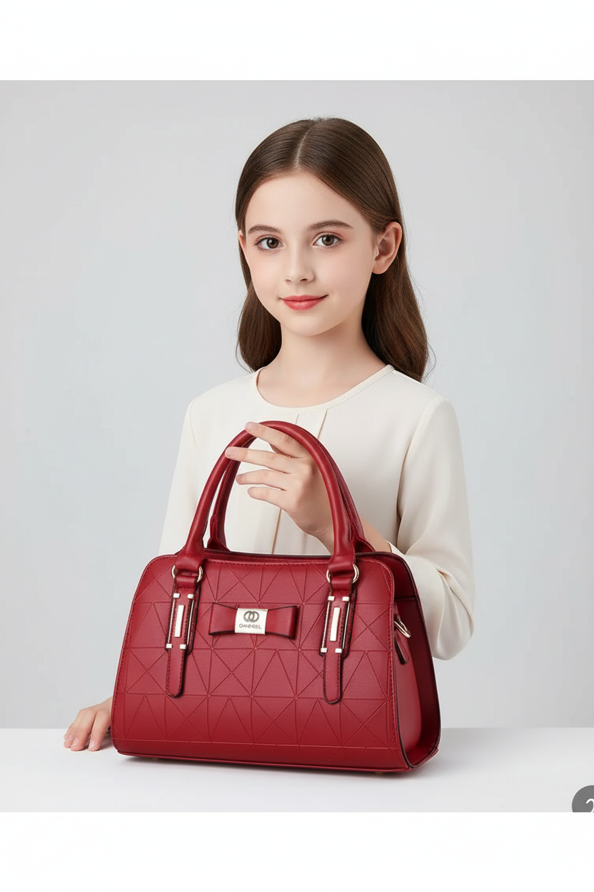 Woman holding a red handbag against a light gray background