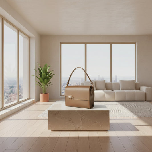 Brown leather handbag with a gold clasp on a white background