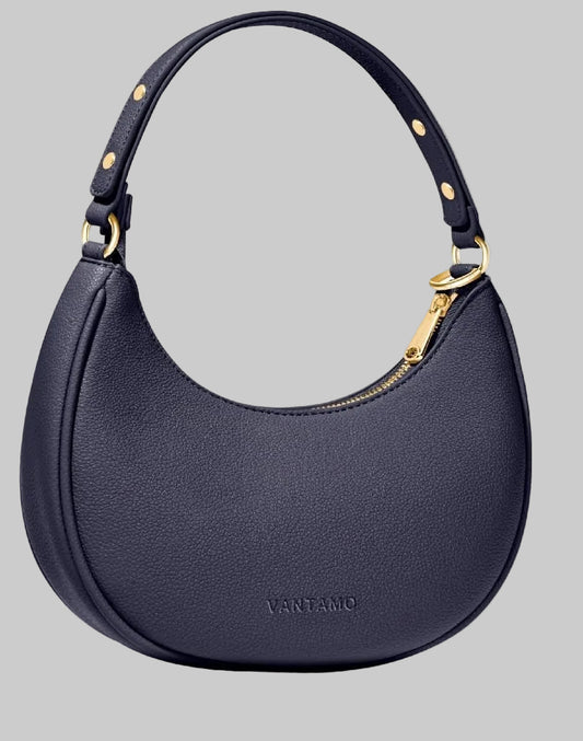 Navy handbag with gold accents on a white background