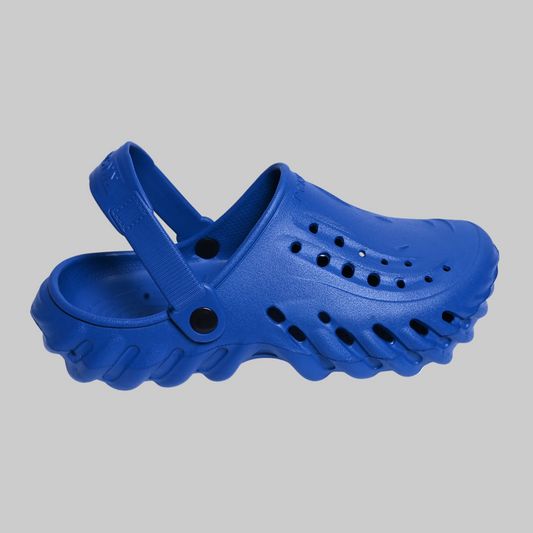 Blue clogs with a brand logo on a white background