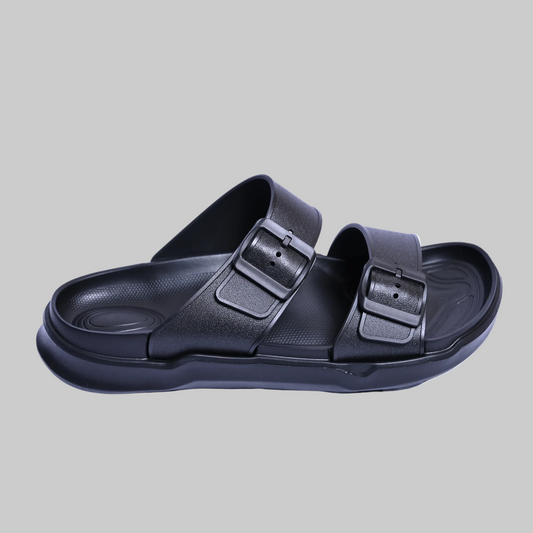 Black sandal with buckles on a white background, featuring the PCNN RICE logo.
