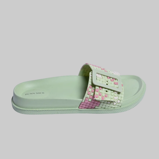 Light green slide sandal with a pink and white woven strap on a white background, featuring the PCNN Nice logo.