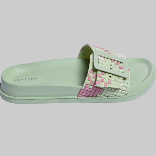 Light green slide sandal with a pink and white woven strap on a white background, featuring the PCNN Nice logo.