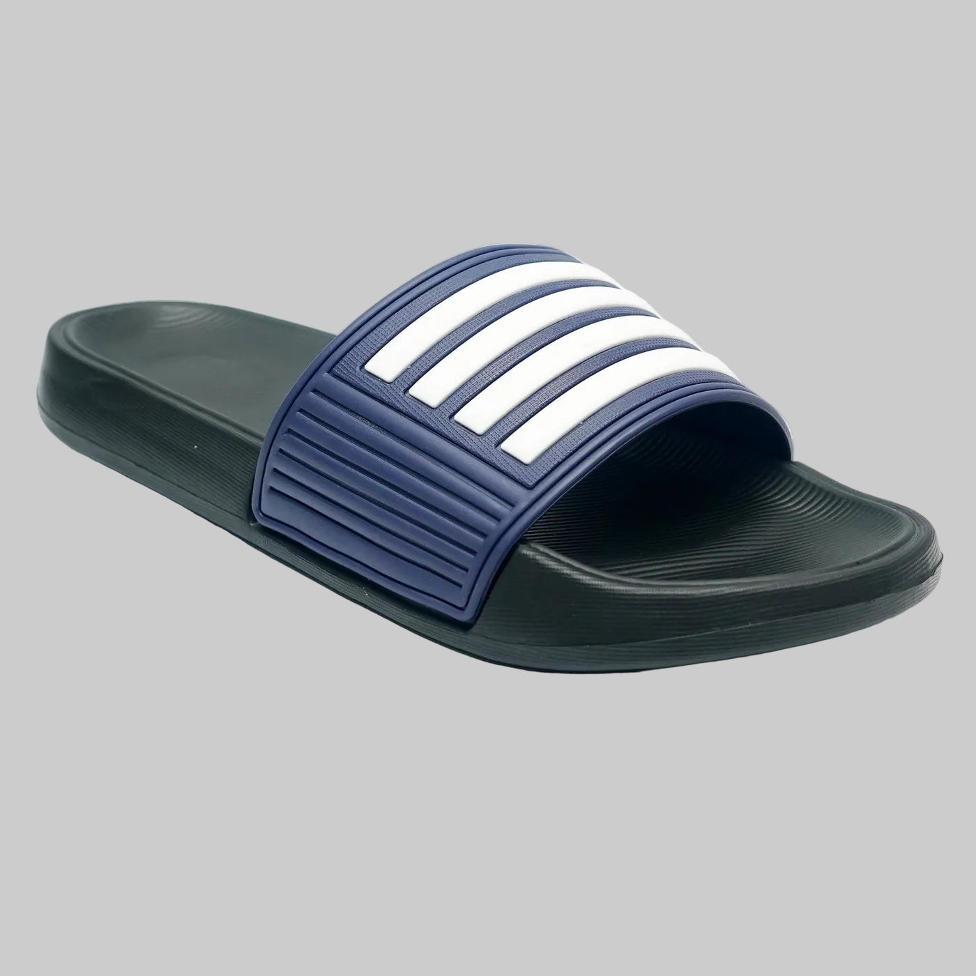 Blue slide sandal with white stripes on a white background