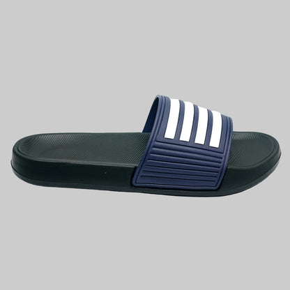 Navy slide sandal with white stripes on a white background