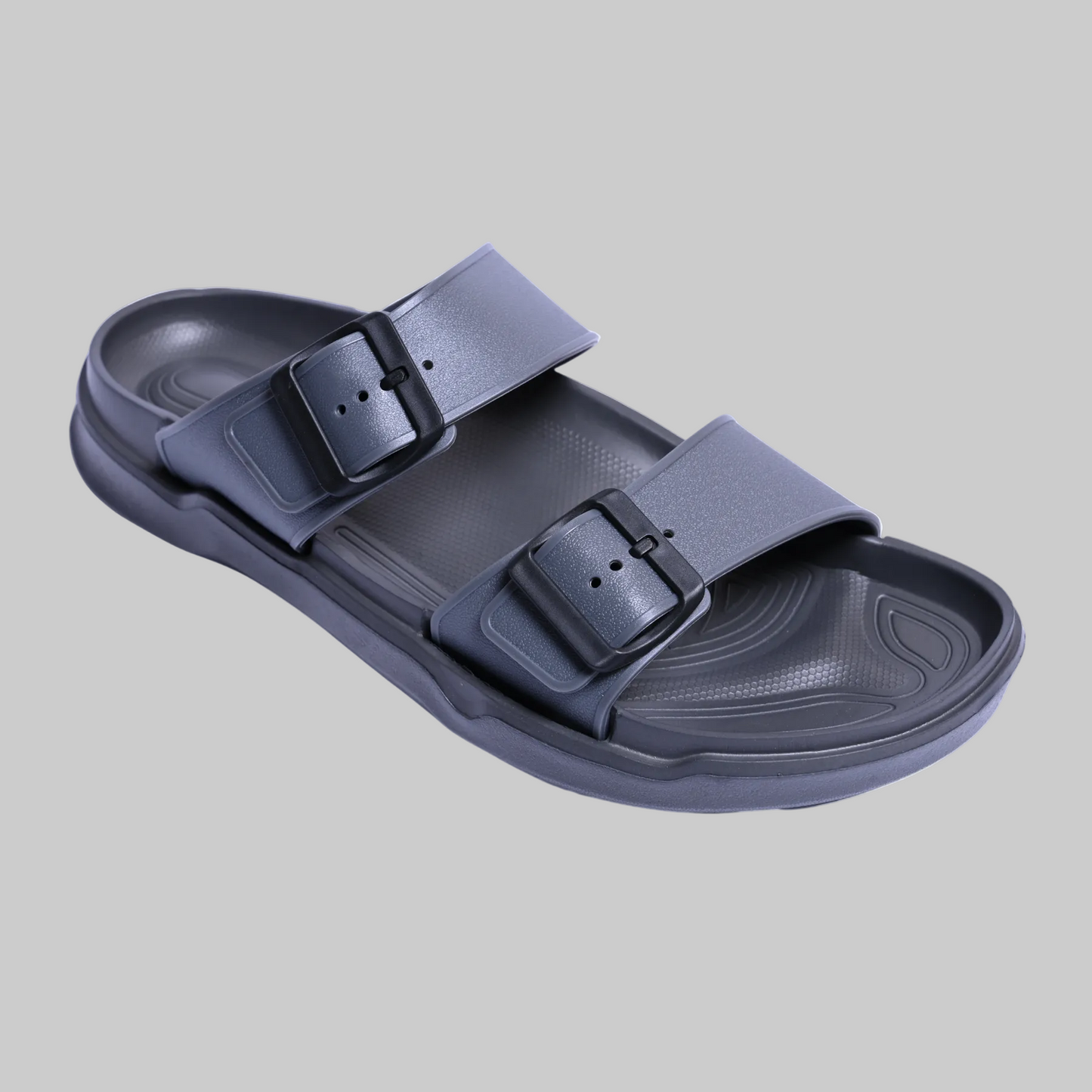 Blue sandal with buckle straps on a white background, featuring the PCNN RICE logo.