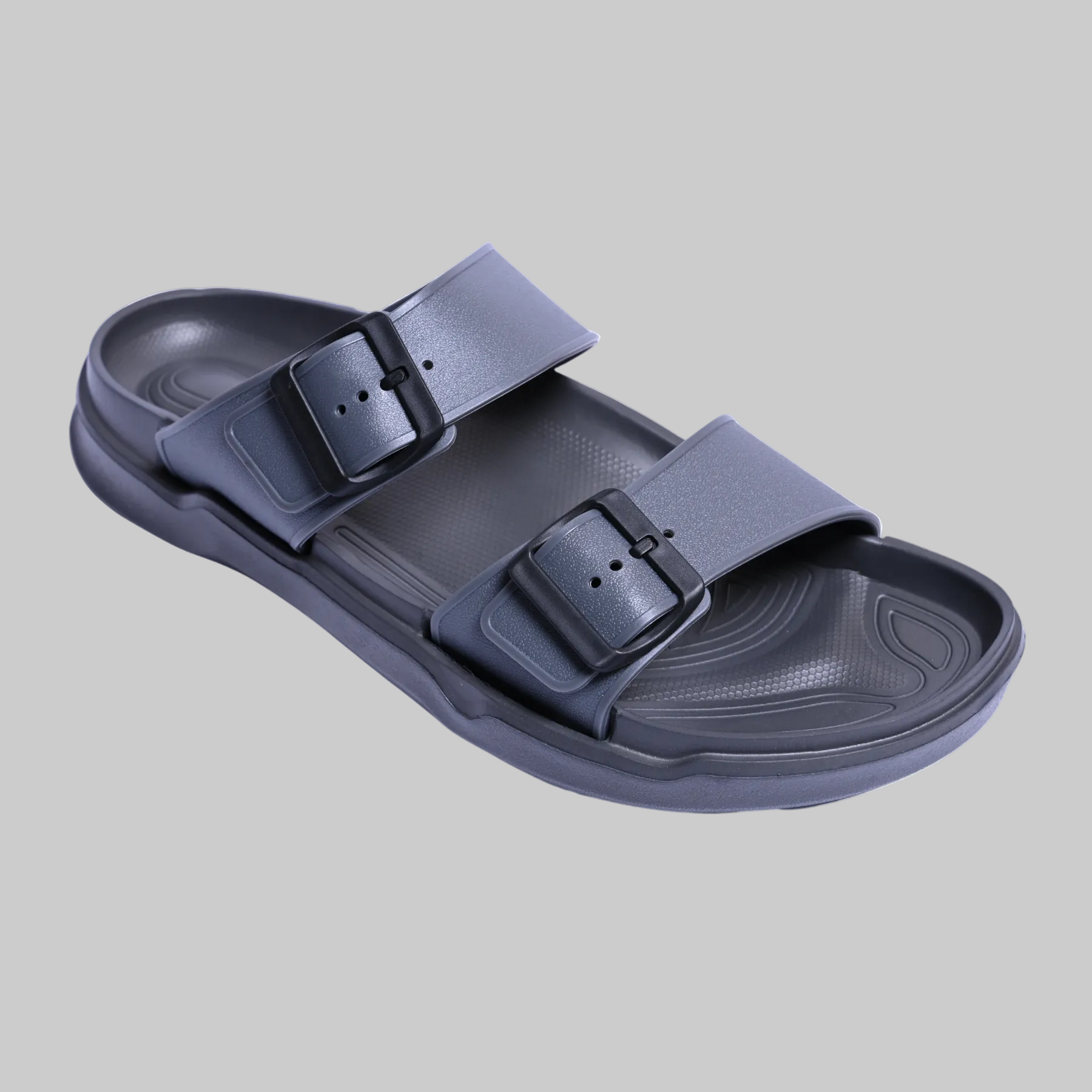 Blue sandal with buckle straps on a white background, featuring the PCNN RICE logo.