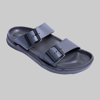 Blue sandal with buckle straps on a white background, featuring the PCNN RICE logo.