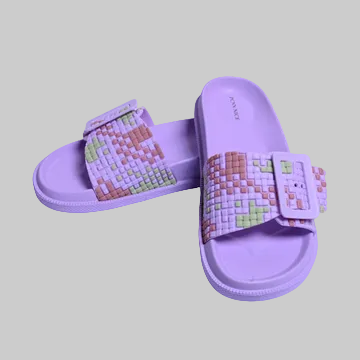 Purple pixelated slide sandals on a white background