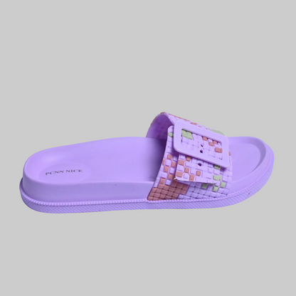 Purple slide sandal with a checkered strap on a white background, featuring the PCNN NICE brand.