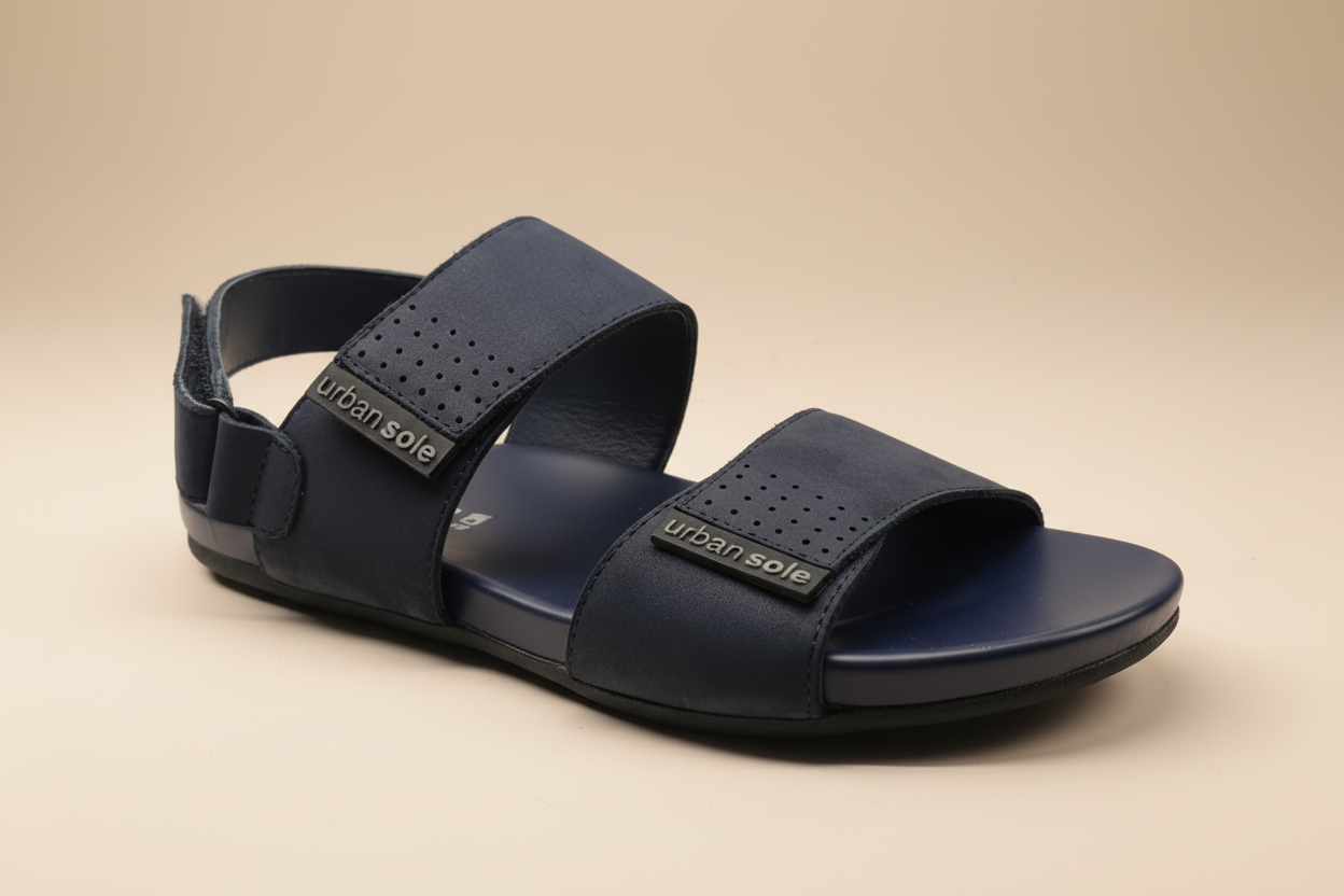 Navy sandal with 'urban sole' branding on a light gray background