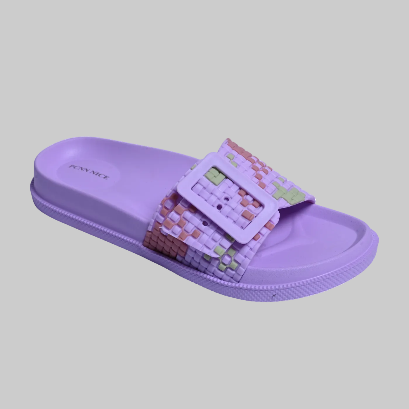 Purple slide sandal with a patterned strap on a white background, featuring the PCNN Nice brand.