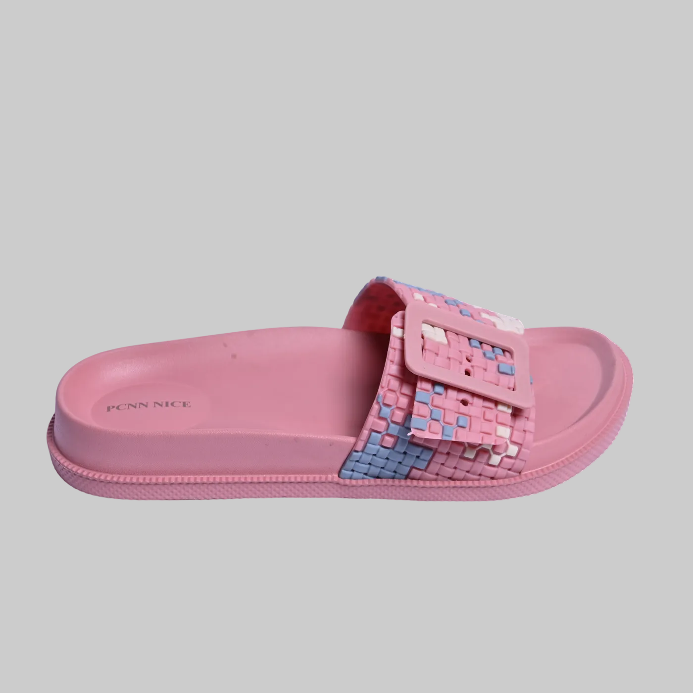 Pink slide sandal with woven design on a white background, featuring the PCNN NICE brand.