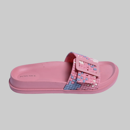 Pink slide sandal with woven design on a white background, featuring the PCNN NICE brand.