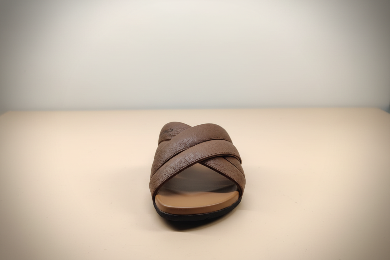 Brown sandal with criss-cross straps on a light background
