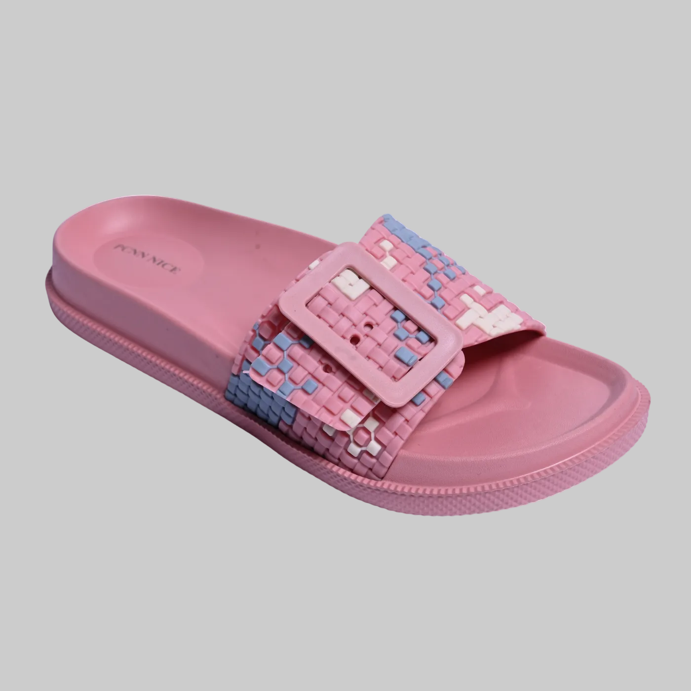 Pink slide sandal with pixelated buckle design on a white background