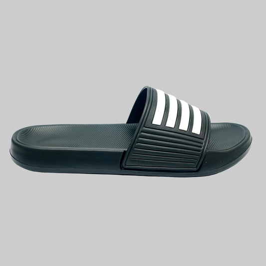 Black slide sandal with white stripes on a white background