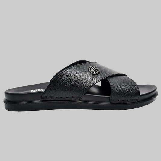 Black sandal with a brand logo on a white background