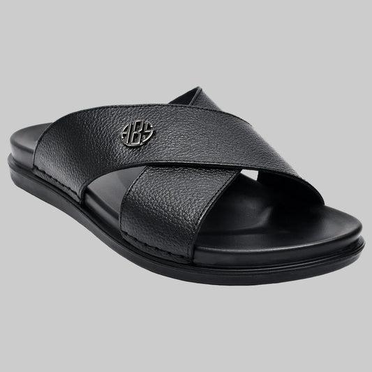 Black sandal with a brand logo on a white background