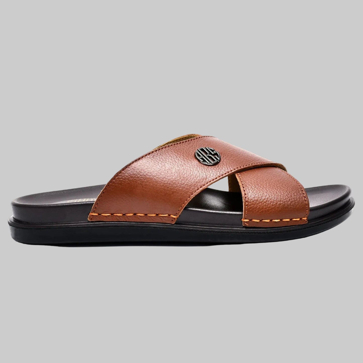 Brown sandal with a visible brand logo on a white background