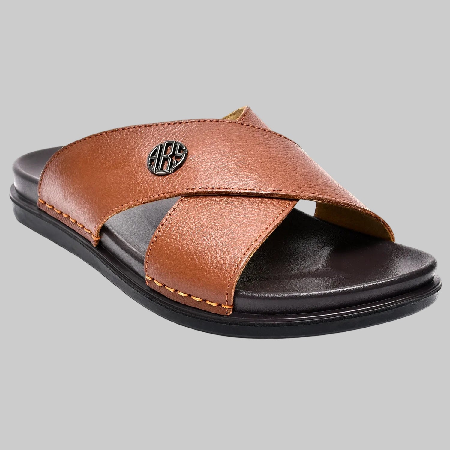Brown sandal with a visible brand logo on a white background